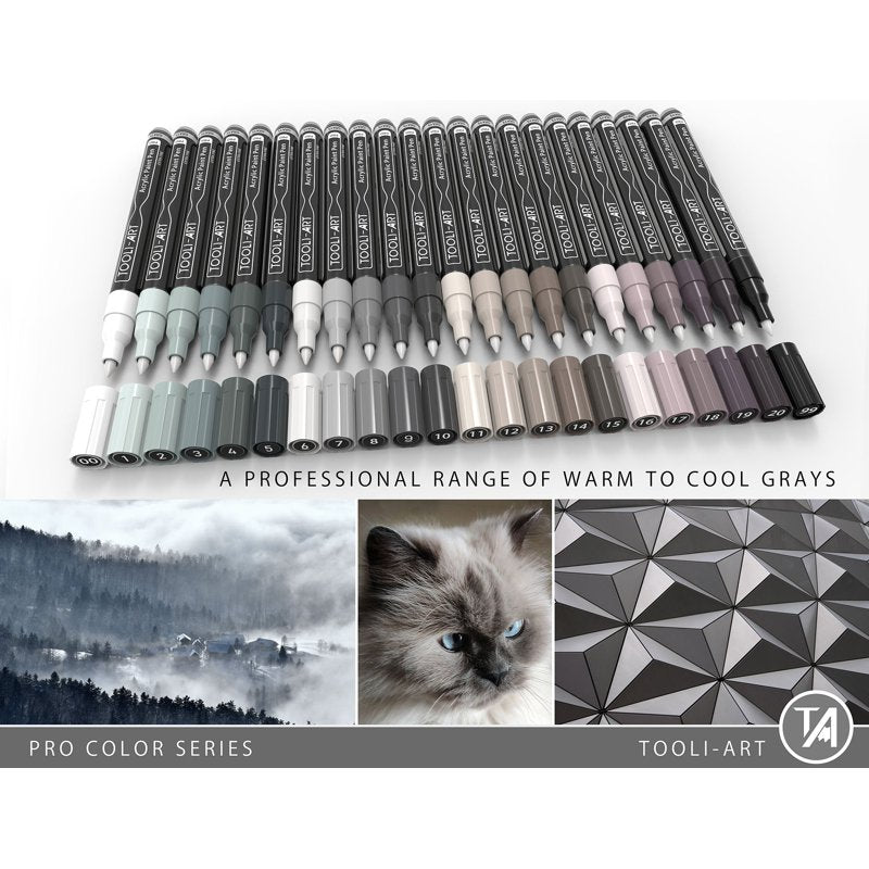 Tooli-Art 22-Color Gray Acrylic Paint Pens Set | 0.7mm Extra-Fine Tip — Variation: Gray