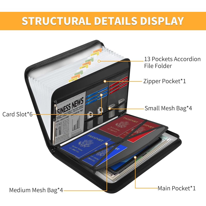 Fireproof Waterproof Accordion File Organizer with 13 Pockets, Labels & Handle