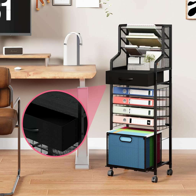 10-Tier Mesh File Cart with Lockable Wheels and Drawers - Black Office Organizer