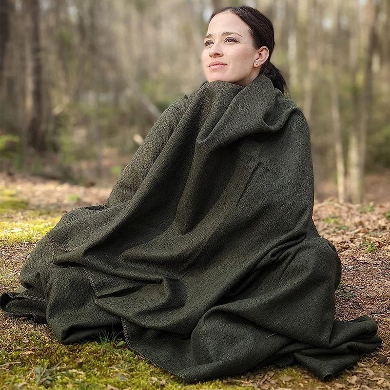 Military-Style Fire Retardant Wool Blanket 66x90 Inches - 80% Wool, Olive Drab Green