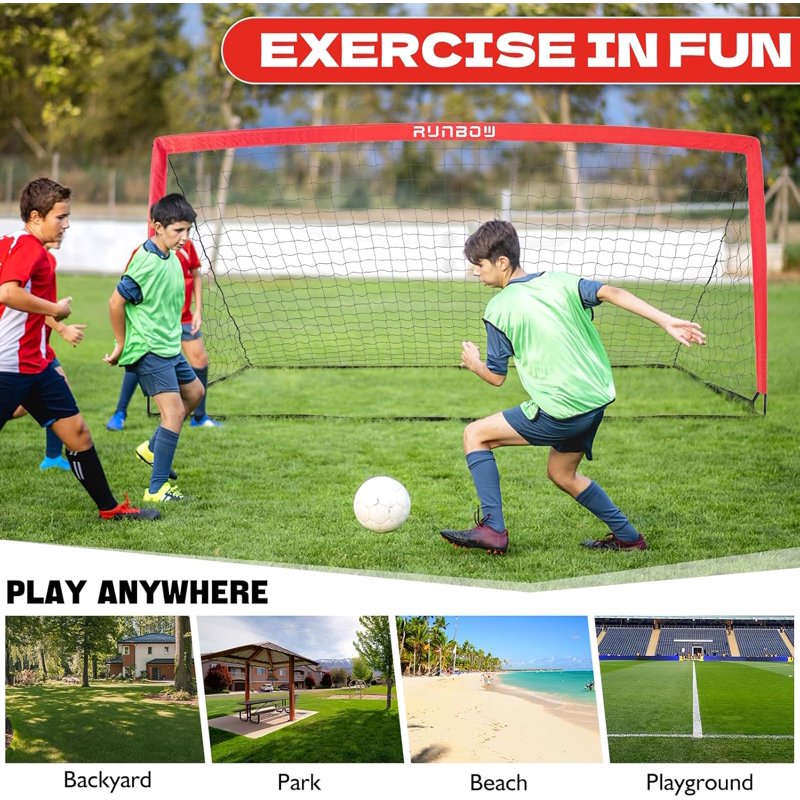 RUNBOW 12x6ft Portable Soccer Goal - Folding Metal Frame for Backyard, 1 Pack, Red