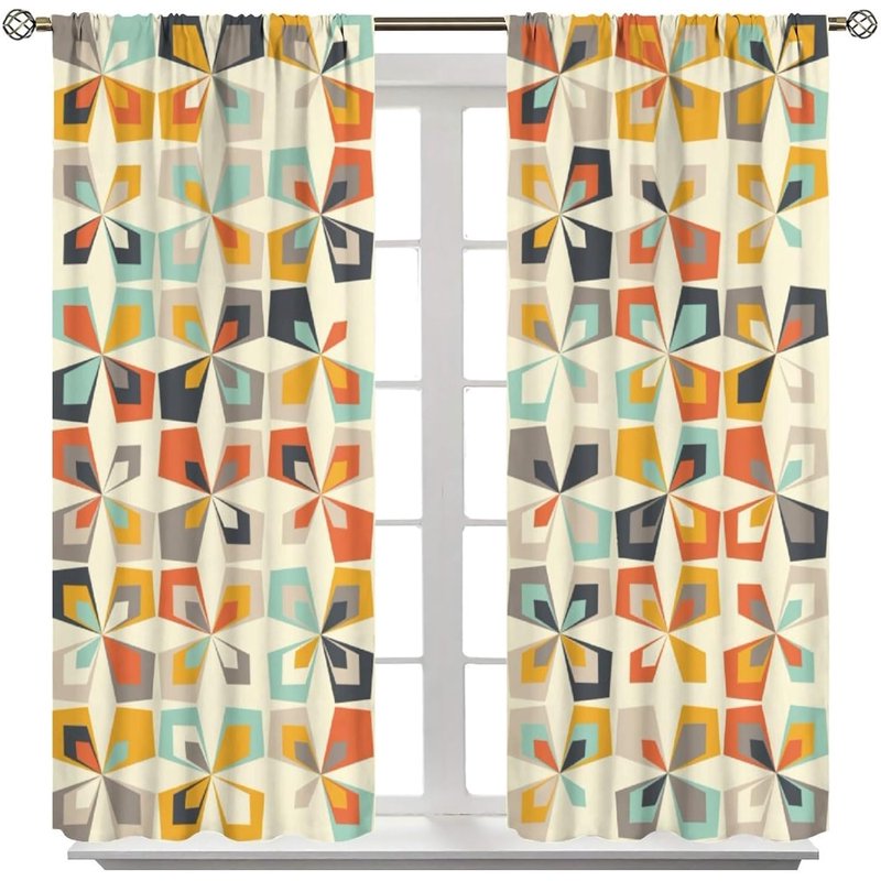 Mid Century Geometric Retro Rustic Style Thermal Insulated Curtain Set - 2 Panels