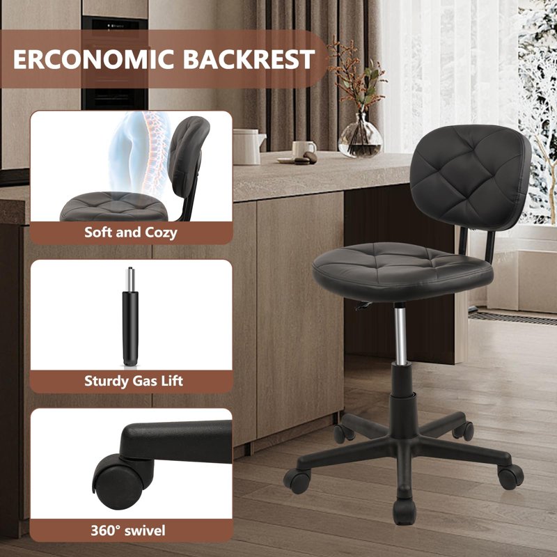 Adjustable Swivel Rolling Stool with PU Leather Seat and Foot Rest - Modern Drafting Chair