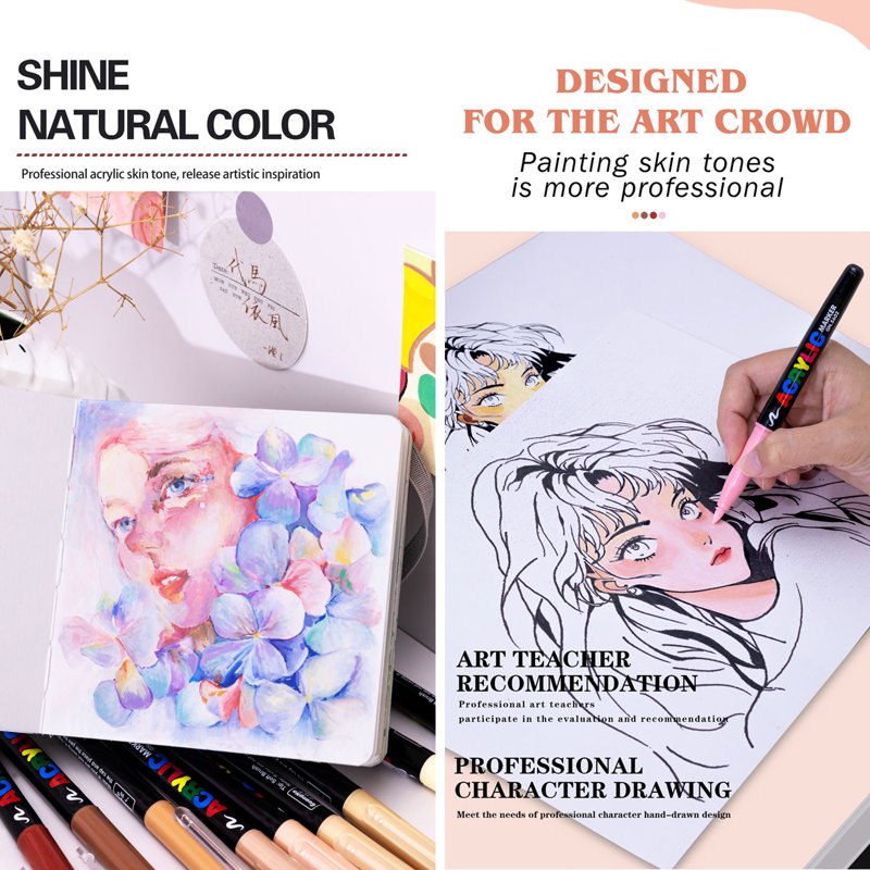 Acrylic Paint Pens Set of 12 - Skin Tone Markers for Artwork & Illustration