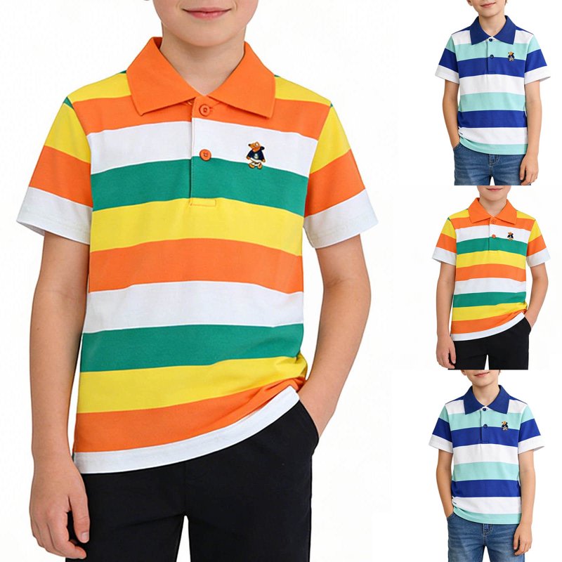 Kids Boys Striped Polo Shirt - Short Sleeve School Uniform Top for Children