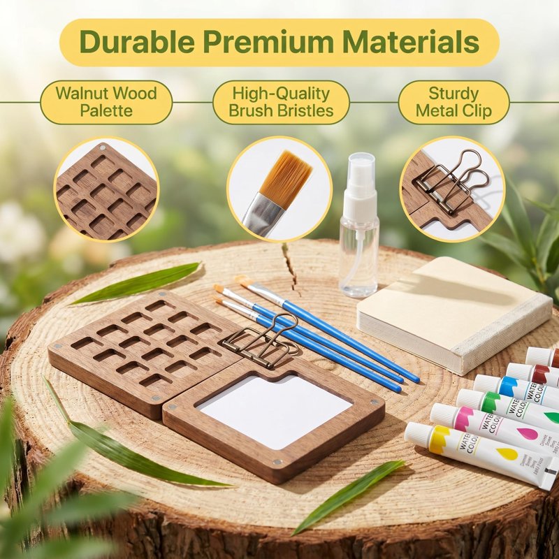 Mini Travel Watercolor Paint Set with Brushes Sketchbook & Copper Clip