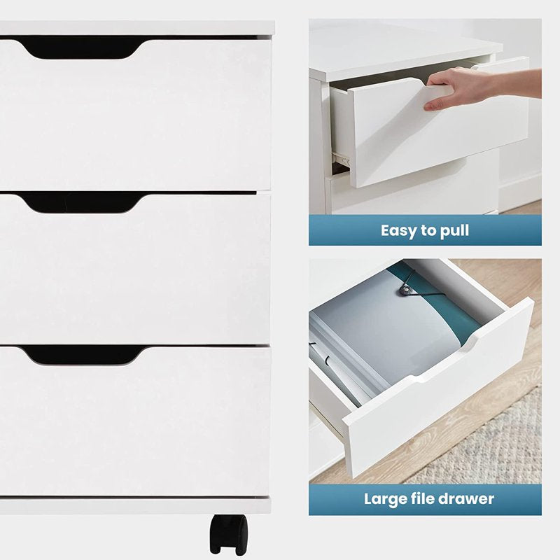 3-Drawer Mobile File Cabinet with Wheels - Wooden Under Desk Storage, White