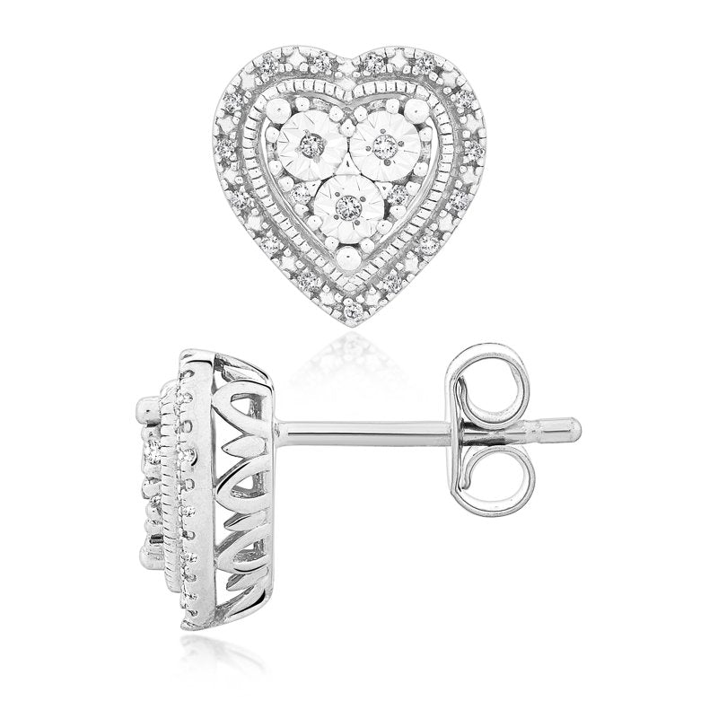 Sterling Silver Heart Earrings with 0.1 Carat Genuine Diamonds