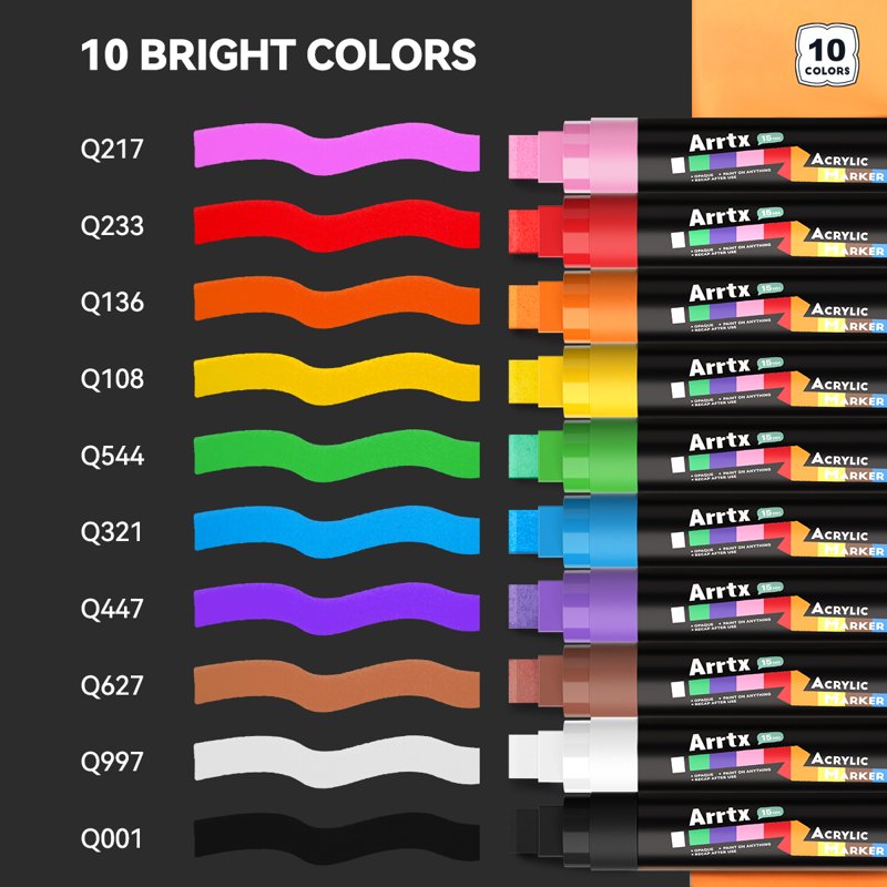 Arrtx Jumbo 15mm Acrylic Marker Set, 10 Pack - Basic Color Variation