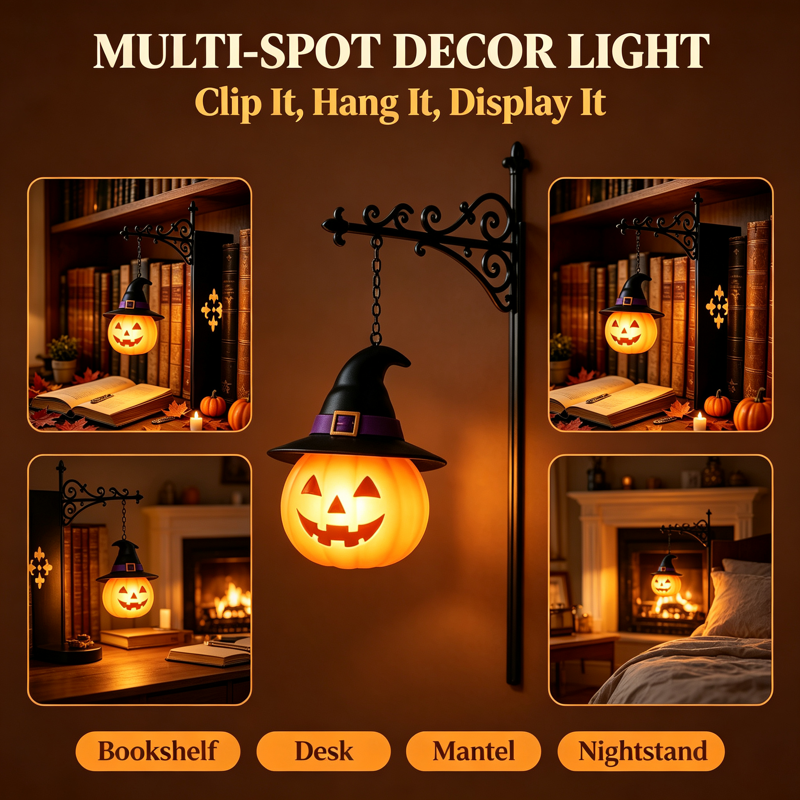 Hat Pumpkin Halloween Bookshelf Lamp - Vintage Ghost Library Light with Bookend Base