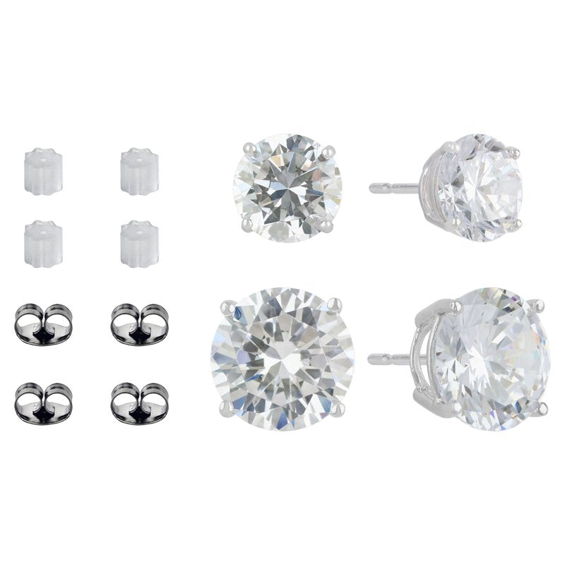 Simulated Diamond Earring Set for Women - Sterling Silver Duo 8mm & 10mm Studs