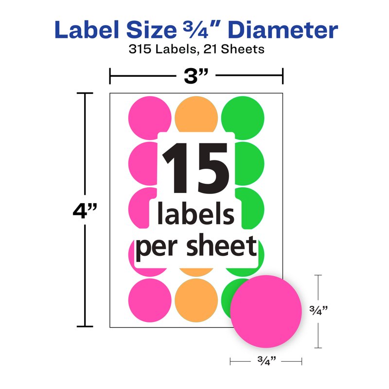 Neon Dot Stickers Assorted Colors 3/4 Inch - Removable Office & Craft Labels