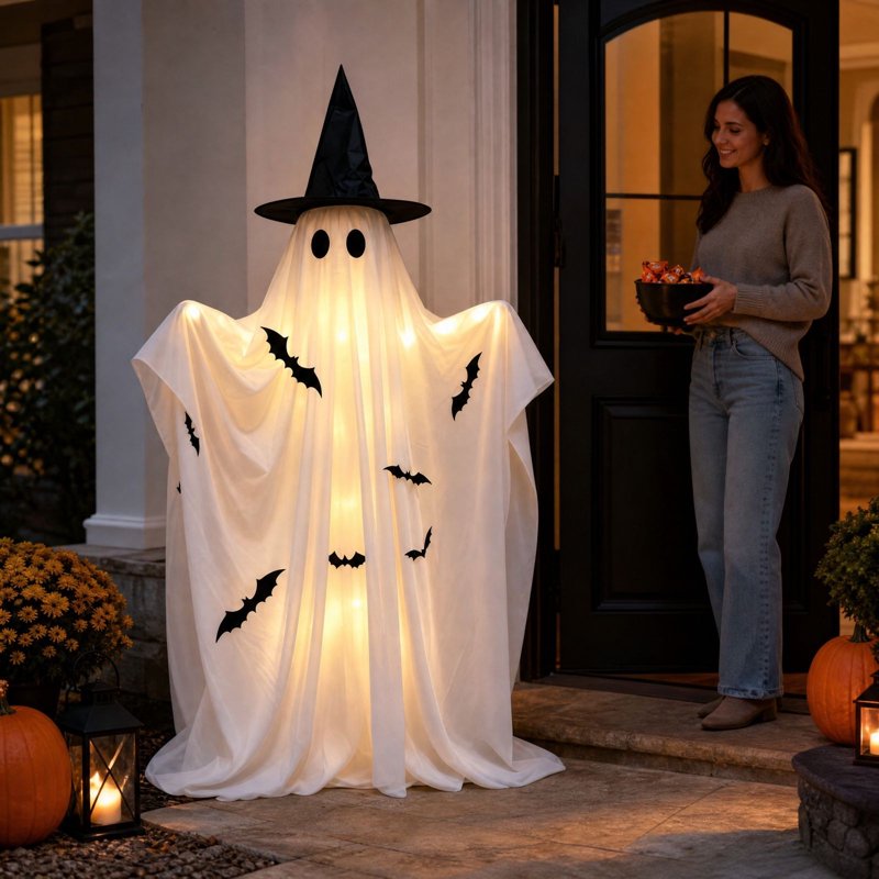 50-Inch Spooky Ghost Halloween Yard Decoration with Detachable Witch Hat, LED Lights, Remote & Easy Setup