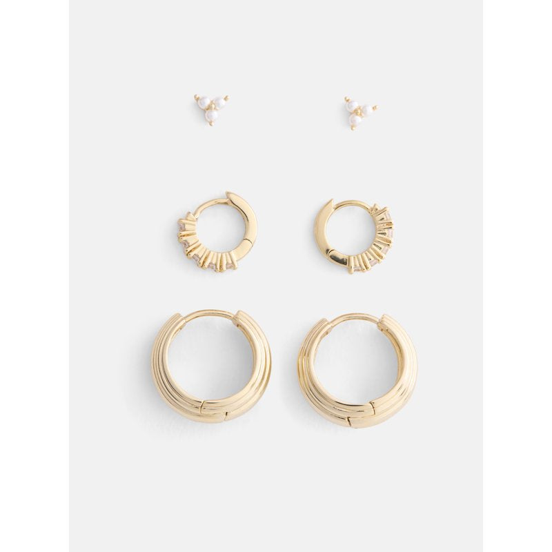 Women’s 3-Pair Gold Plated Earring Set with Cubic Zirconia and Pearls