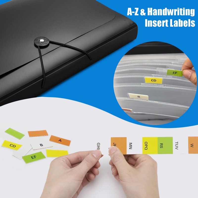 13-Pocket Expanding File Folder - A4 Letter Size Document Organizer with Index Labels, Black Plastic