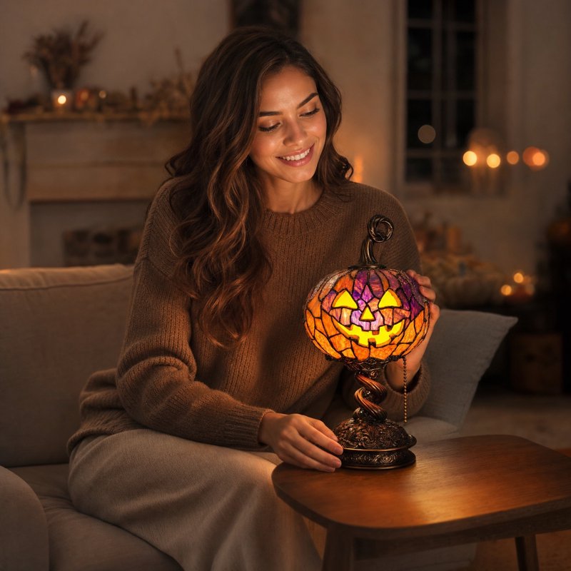 Halloween Pumpkin Lamp - Tiffany-Style Night Light for Home & Party Decor