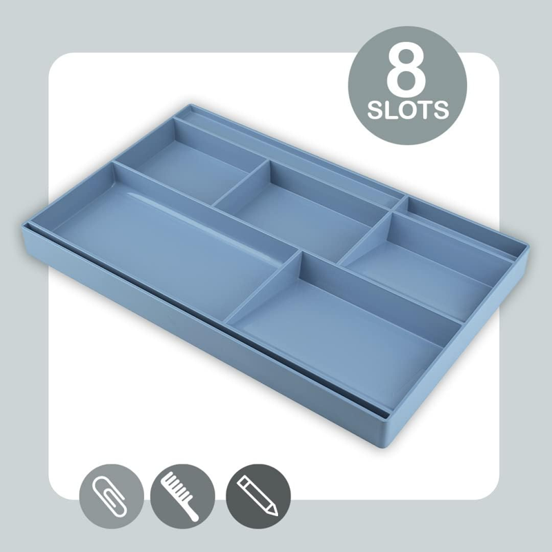 Multi-Purpose Desk Drawer Organizer Tray with 8 Compartments - Blue Plastic