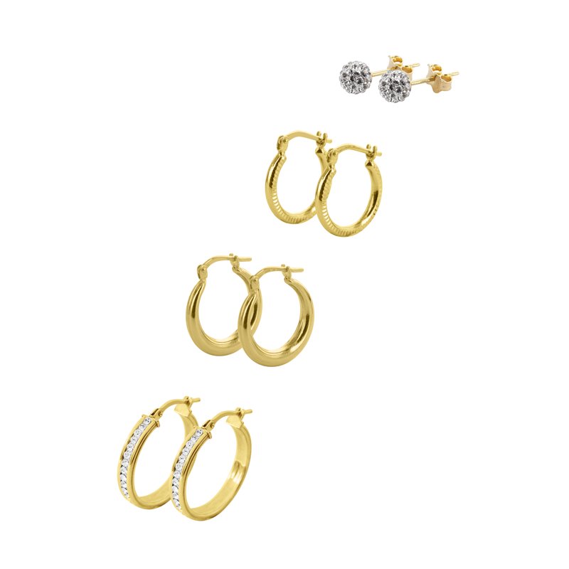 Sterling Silver Gold Plated Crystal Stud and Hoop Earring Set – 4 Pairs for Adults