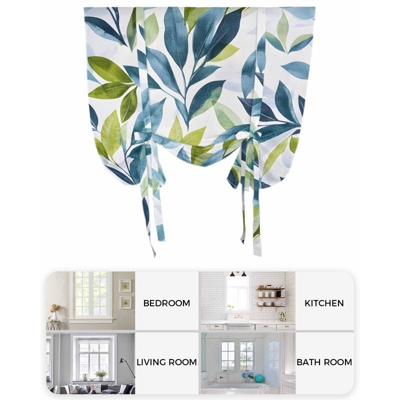 Teal Green Leaves Tie Up Window Curtain Valance with Thermal Insulation - Adjustable Rod Pocket Panel for Kitchen Bathroom Cafe