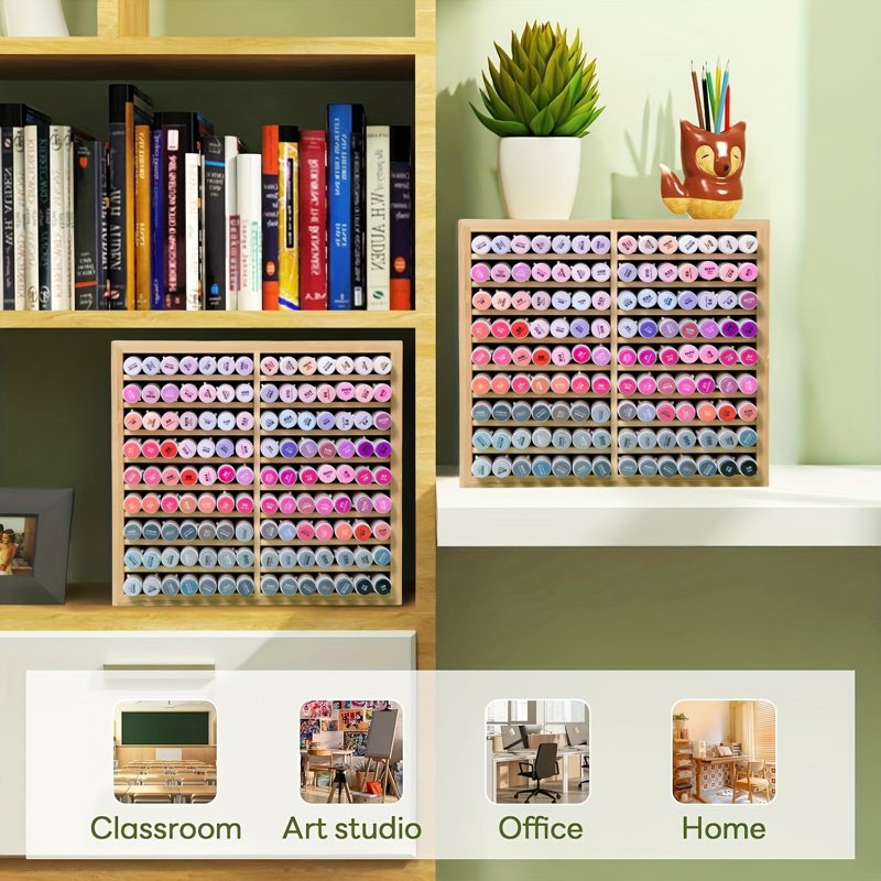 Bamboo Marker Pen Storage Rack with 18 Compartments for Art Supplies