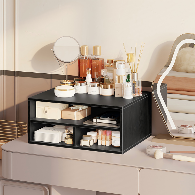 YQ JENMW Desktop Printer Stand with 2-Tier Open Storage Shelves, Black, 3 Compartments