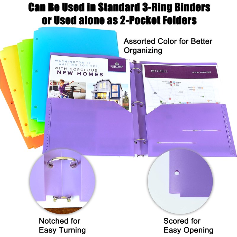 Heavy Duty Plastic Letter Size File Folders 6-Pack Moisture Resistant Notched Pockets