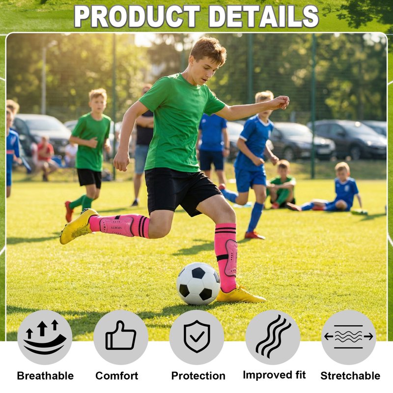 Kids Shin Guards with Socks - 2 Pairs Protective Soccer Gear for 6-10 Years (Rose & Purple)