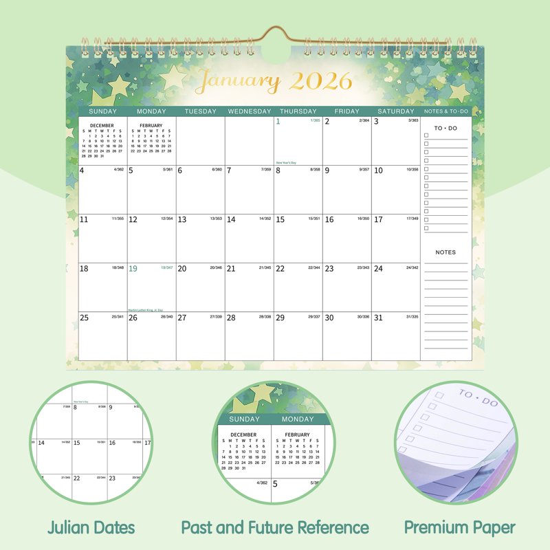 2026 Wall Calendar - Monthly Planning Organizer with Julian Dates & Colorful Design
