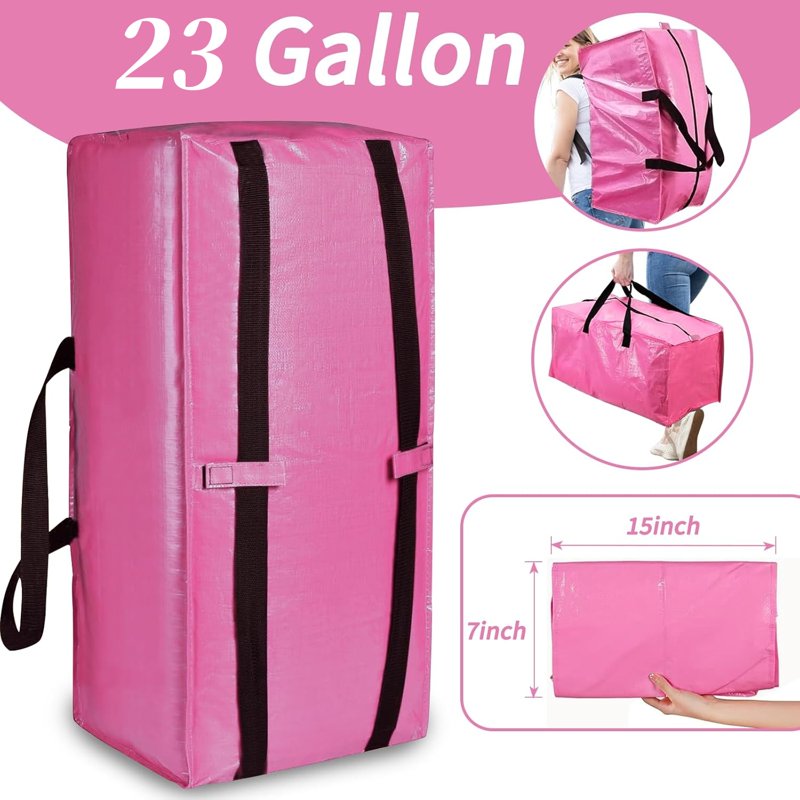 Heavy Duty Large Moving Storage Bags with Handles & Zippers for Packing, Dorm, Travel - Pink 87L