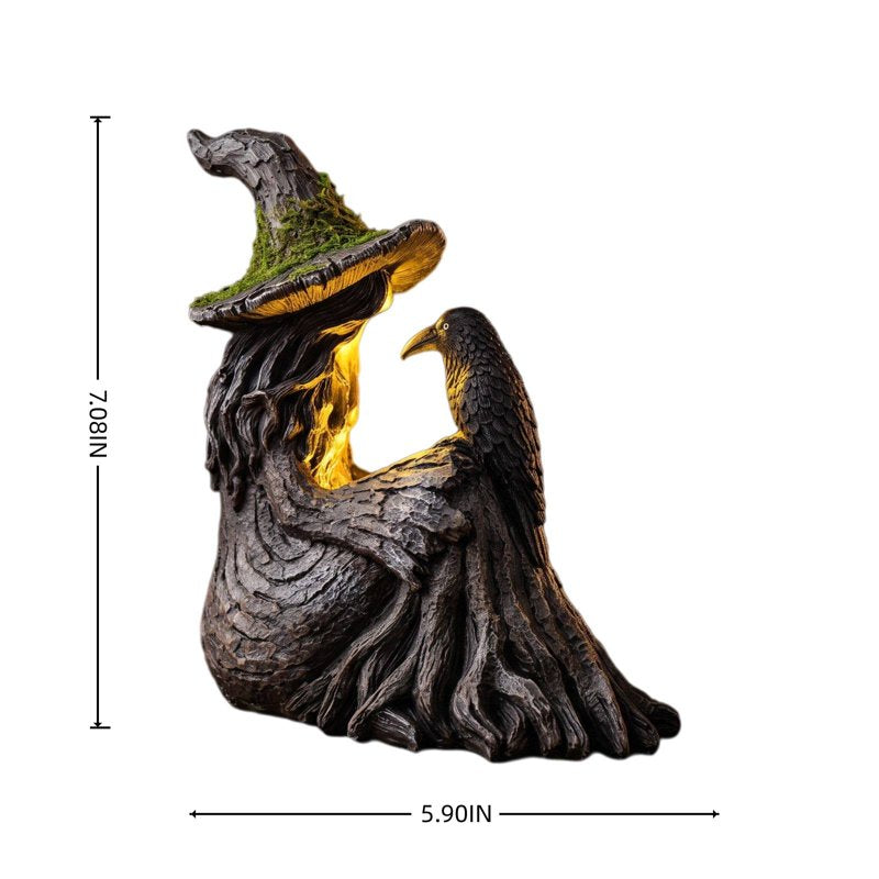 Lighted Witch and Crow Resin Figurine Halloween Gothic Tabletop Decor