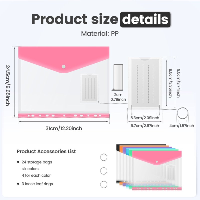 24 Pack Plastic Binder Pockets for 3-Ring & 2/4-Ring Binders, Expandable Document Envelopes