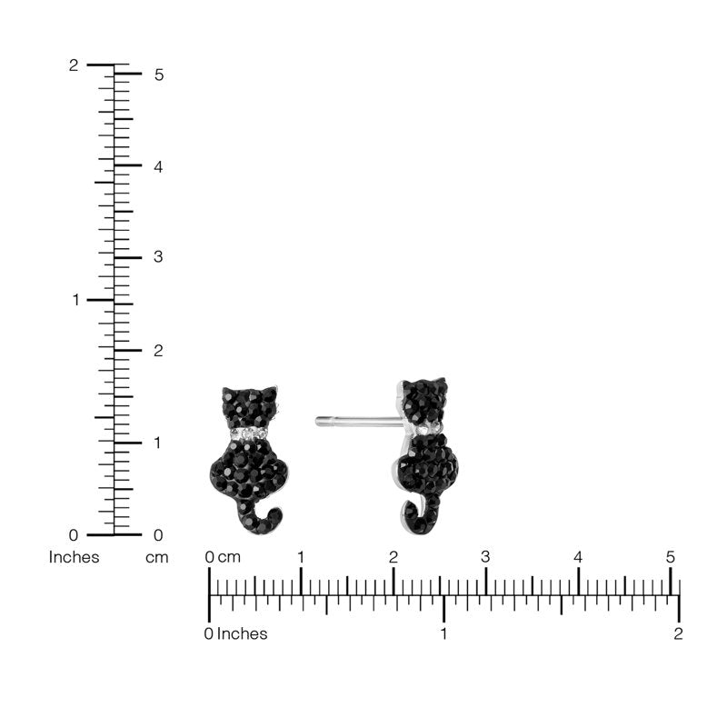 Sterling Silver Black Crystal Cat Stud Earrings for Women & Teens
