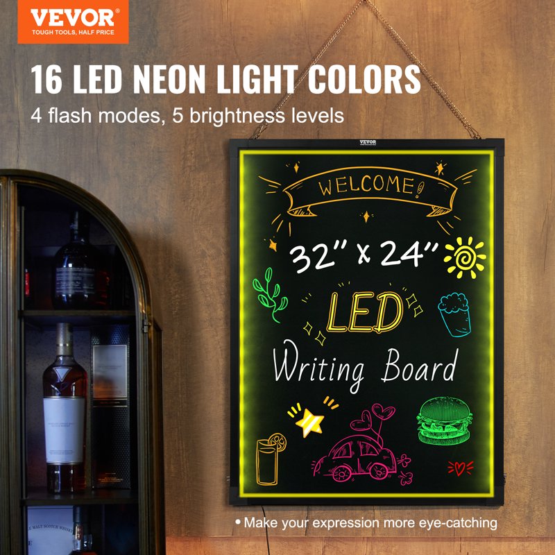LED Message Writing Board 32x24 Inch Neon Effect Sign with Markers & Remote