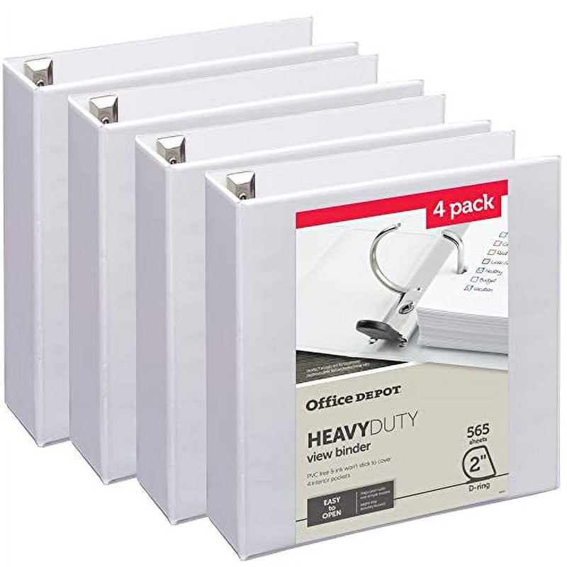 Heavy-Duty 2-Inch D-Ring Binder Pack of 4 - White, Recycled Office Supplies