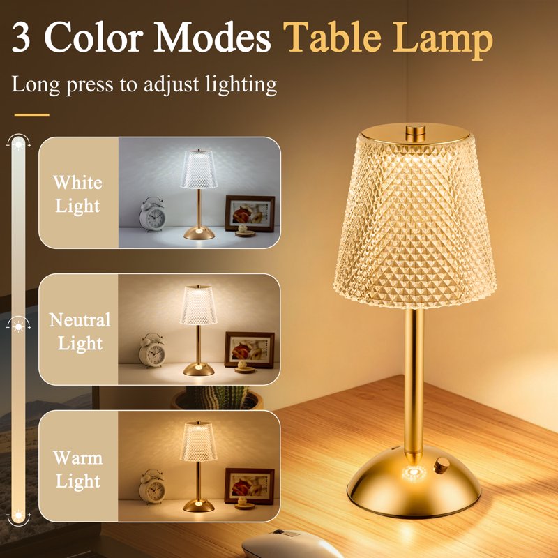 Rechargeable Cordless Crystal Table Lamp with Touch Control and 3 Color Modes