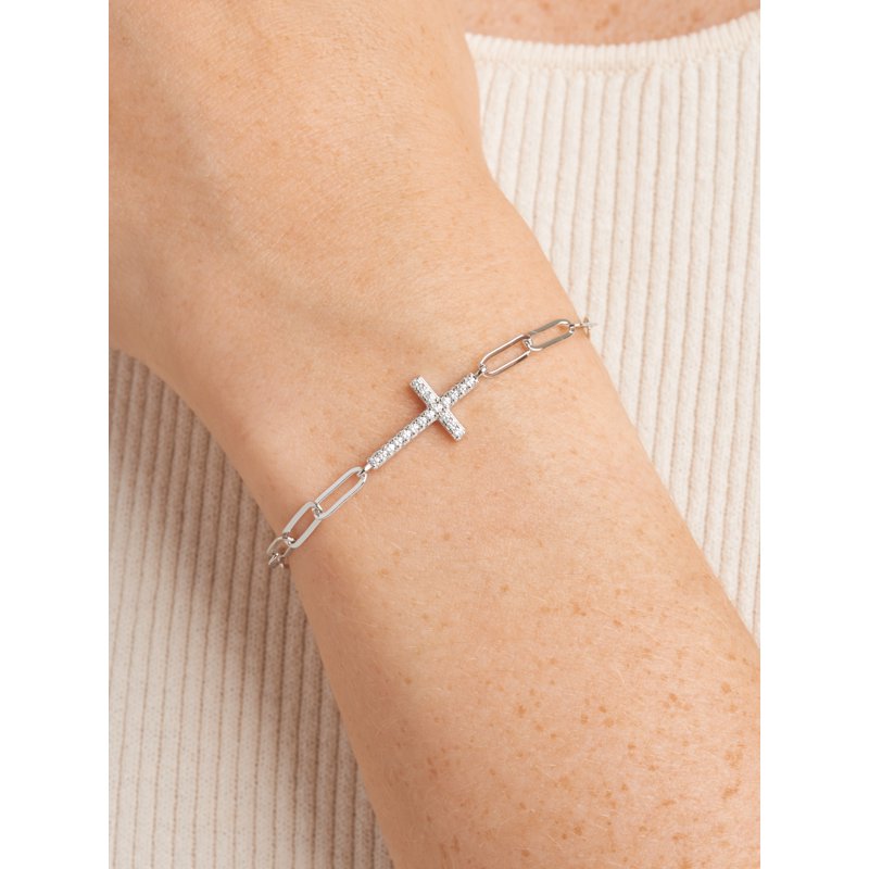 Sterling Silver CZ Cross Paperclip Bracelet with Extender - Hypoallergenic Jewelry