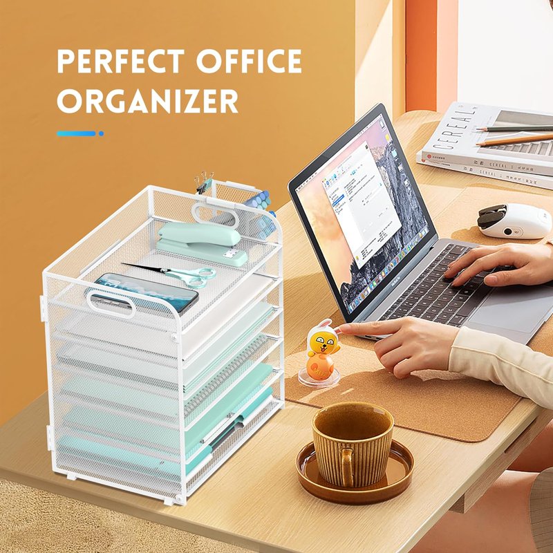 6-Tier Desktop File Organizer with 4 Pen Holders and Handle, White