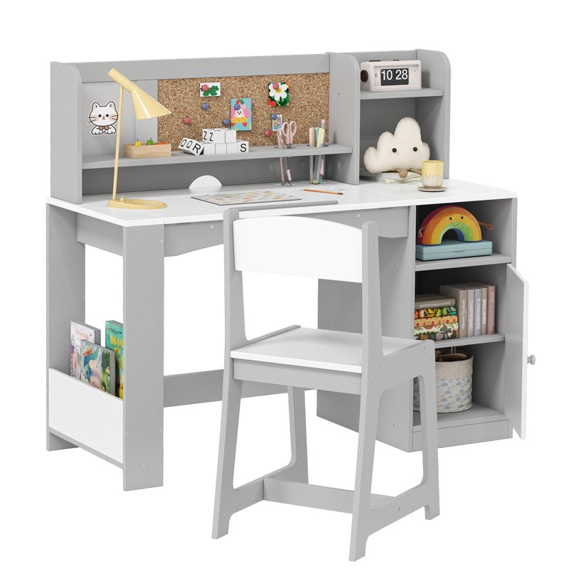 Kids Study Desk and Chair Set with Tiltable Desktop and Storage - Wooden Writing Table for Ages 5-12