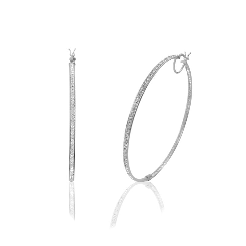 Sterling Silver Hoop Earrings with Crystals - Rhodium Plated Large Round In-Out Design