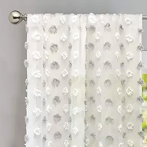 Sheer Window Curtain Panel Pair - White Voile with Pom Pom Embroidery, 52x84 Inches