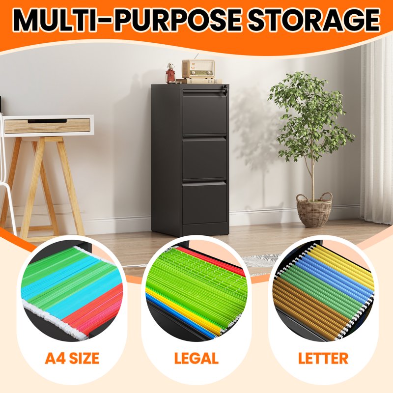 Locking 3-Drawer Metal File Cabinet for Legal and Letter Files - Black