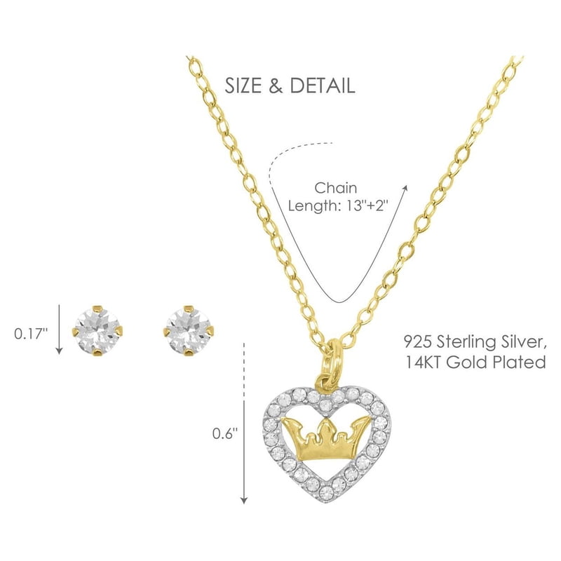 Children's Crystal Heart Necklace & Stud Earrings Set - Gold Plated Sterling Silver