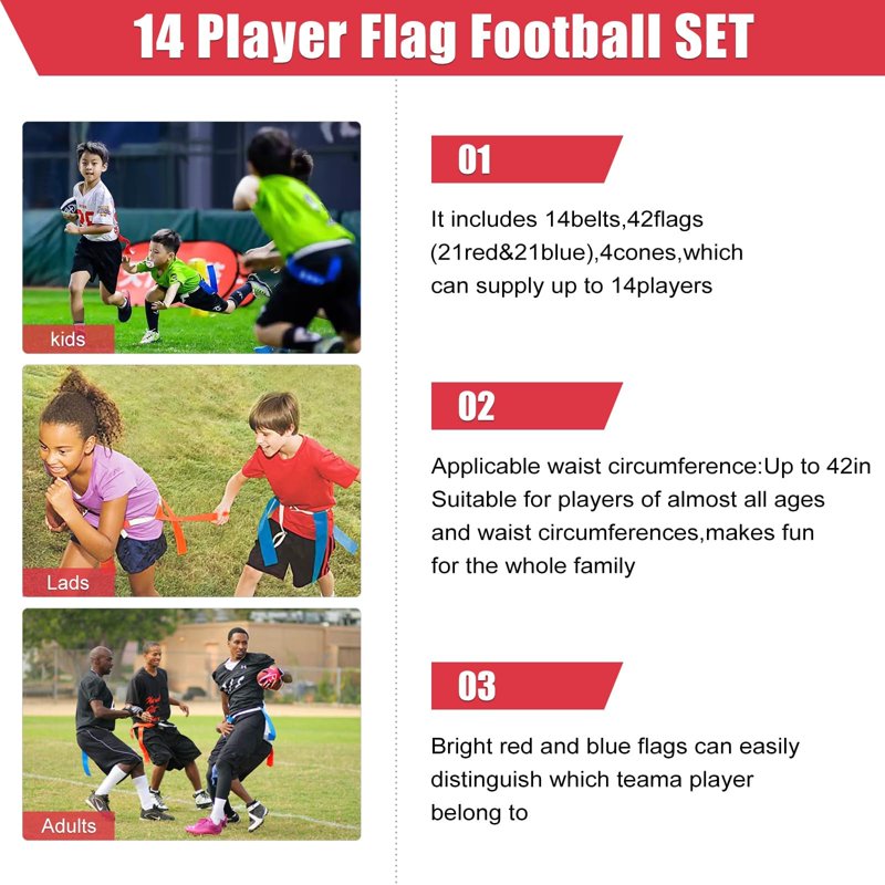 Flag Football Belts Set for 14 Players with 42 Flags - Adjustable, Easy Tear Away