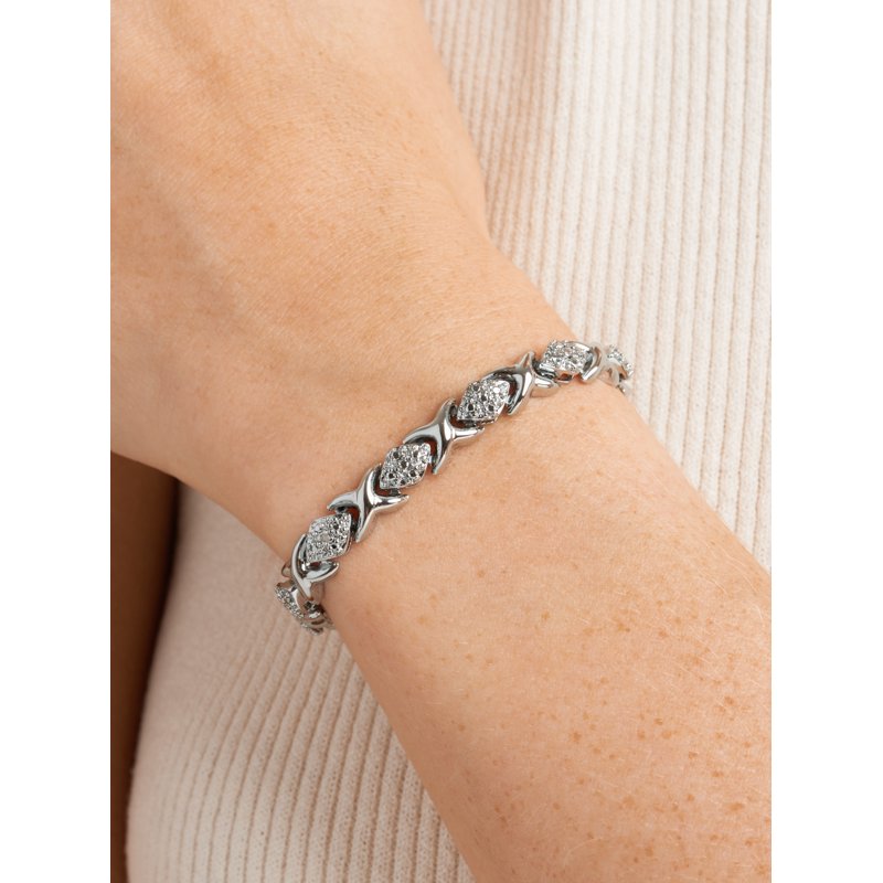 Silver Tone XO Diamond Shape Tennis Bracelet - 7.25 Inch Jewelry Gift