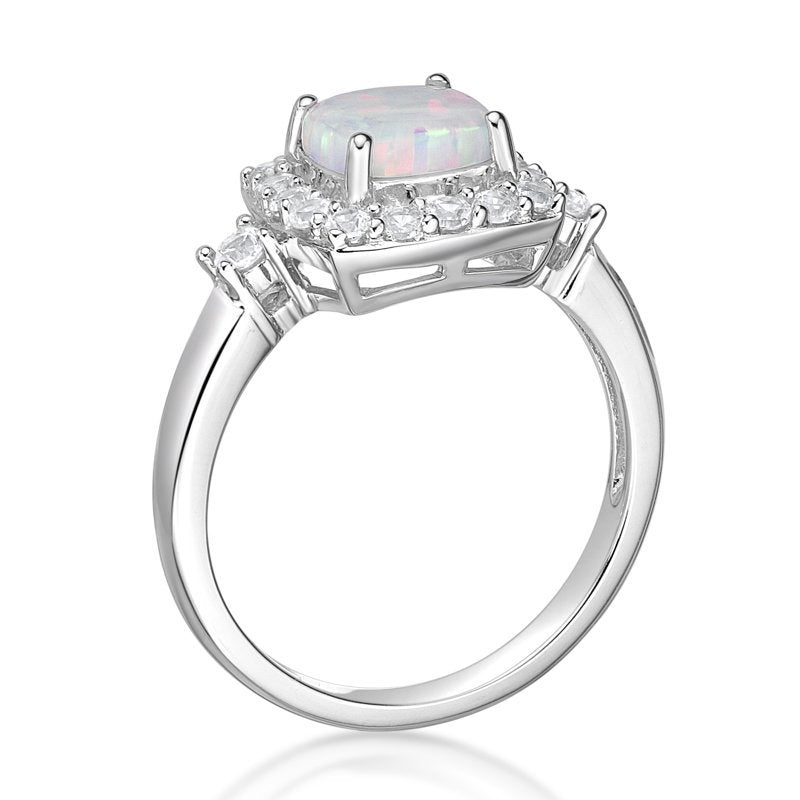 Sterling Silver Opal & White Sapphire Ring - Hypoallergenic, Gift Boxed, Size 5