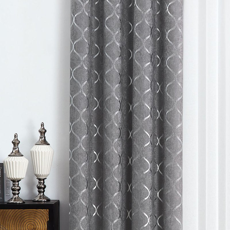Blackout Curtain Panels with Silver Moroccan Geometric Pattern - 52x63 Inches, Gray, Set of 4