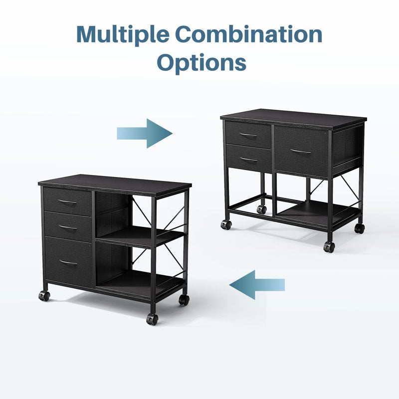 Mobile File Cabinet with 3 Fabric Drawers and Open Shelf - Black, White, Rust