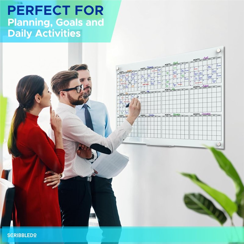 Magnetic Glass Whiteboard Calendar 24x36 Inch Wall Planner Dry Erase Board