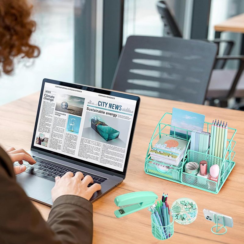 Green Desk Organizer Office Supplies Set with Stapler Pen Holder and Accessories