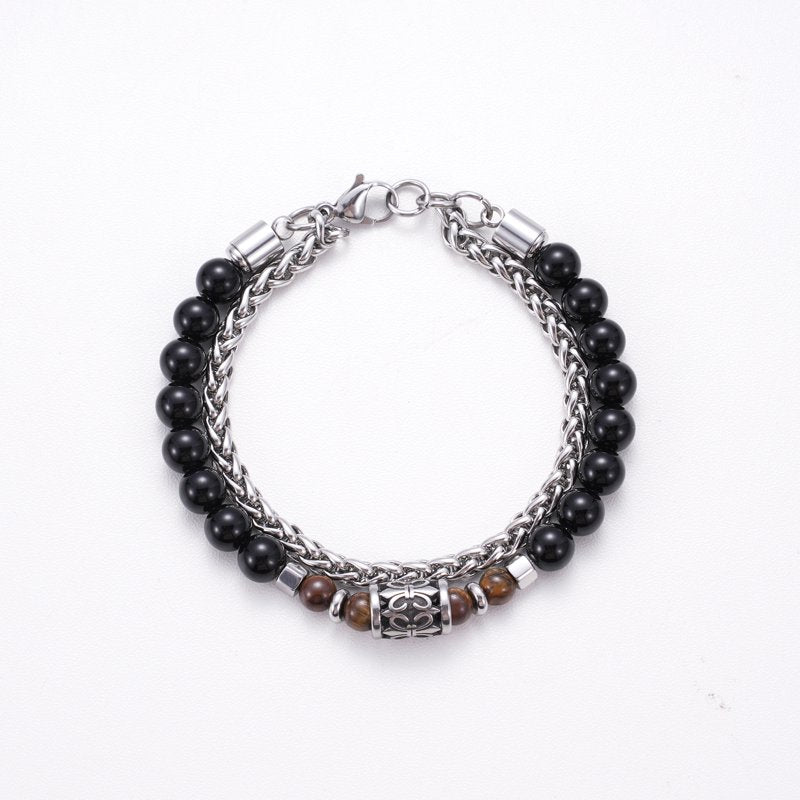 Men's Tiger Eye Bead Bracelet with Stainless Steel Chain - Healing Gemstone Jewelry